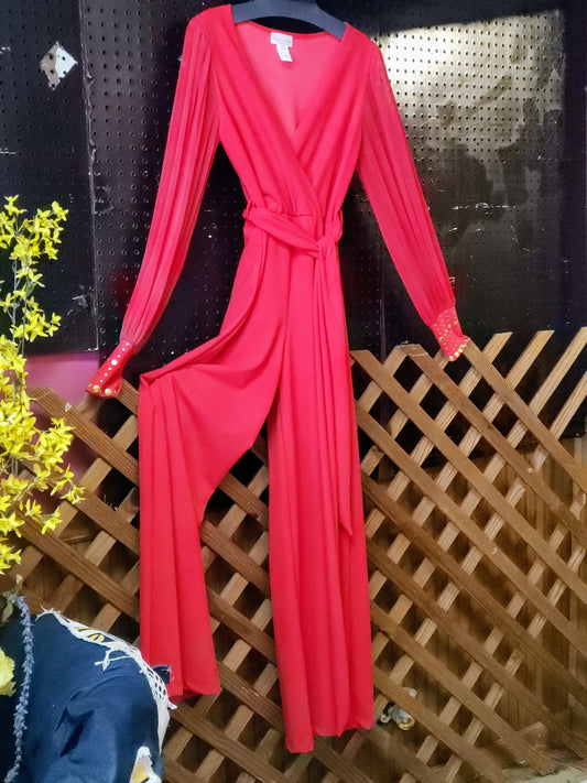 Glamorous Red Jumpsuit with slightly Sheer Sleeves at the wrist  Gold Embellished