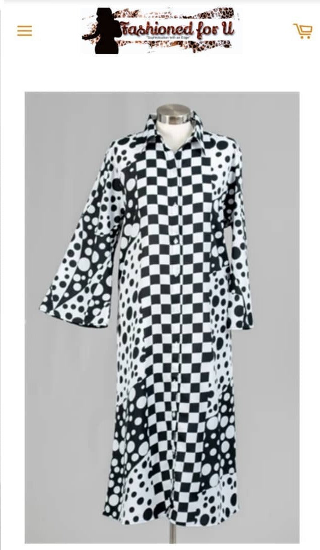 Geometric Print Black and White, One size Fits Most, Up to Size 12 Missy, Button Down Dress /Duster