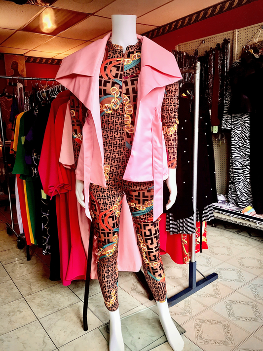 Missy Designer Pattern Long Sleeve Front Zip Jumpsuit
