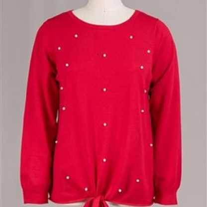 Red Sweater Pearl Embellished Lightweight for Plus Size Women
