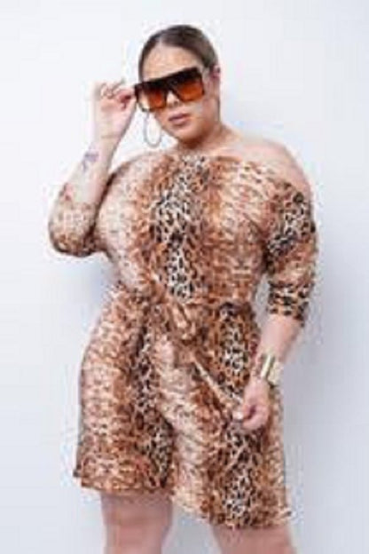 Size 2xl/18w Plus Size Trendy Romper , Classic Animal Print Pattern, Knee Length, Elbow-length Sleeves